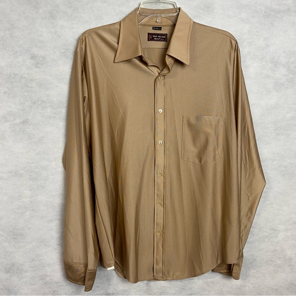 Vintage 70s  Van Heusen Shirt Mens 16.5 Tan Qiana Nylon Disco Button Up Retro